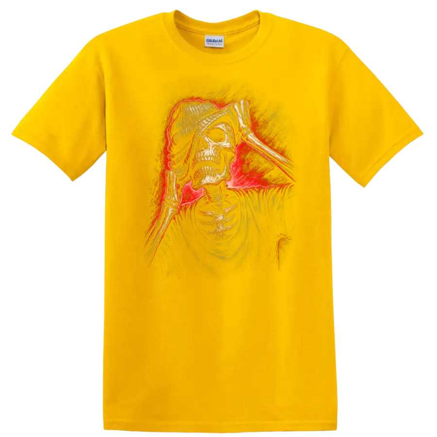 Vintage gothic skeleton skull in beanie with bony hands and red smoky glow on a Daisy (Yellow) T Shirt