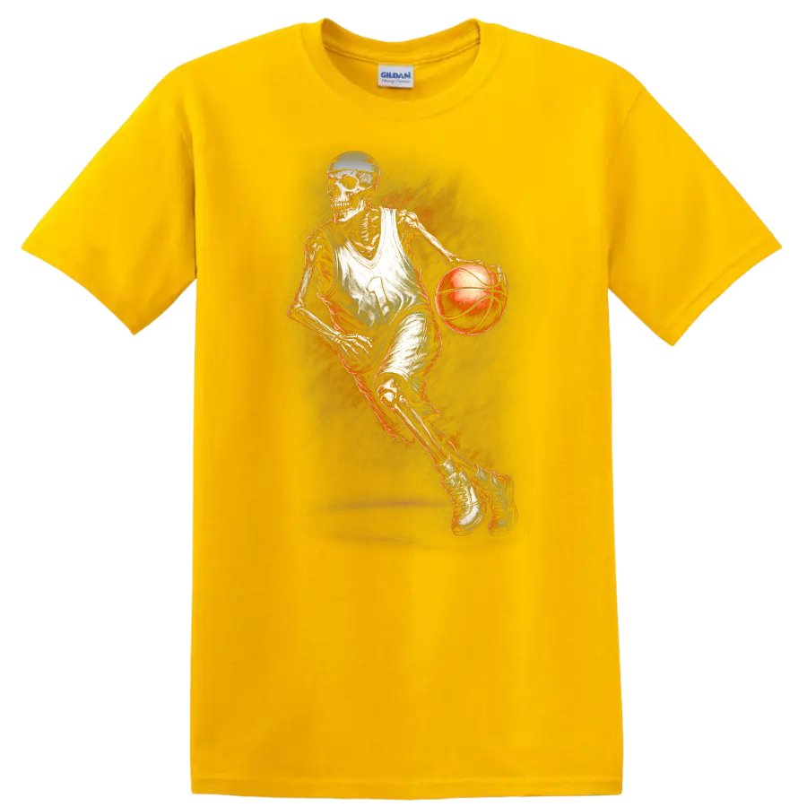 Vintage gothic skeleton basketball player dribbling with fiery orange artwork on a Daisy (Yellow) T Shirt