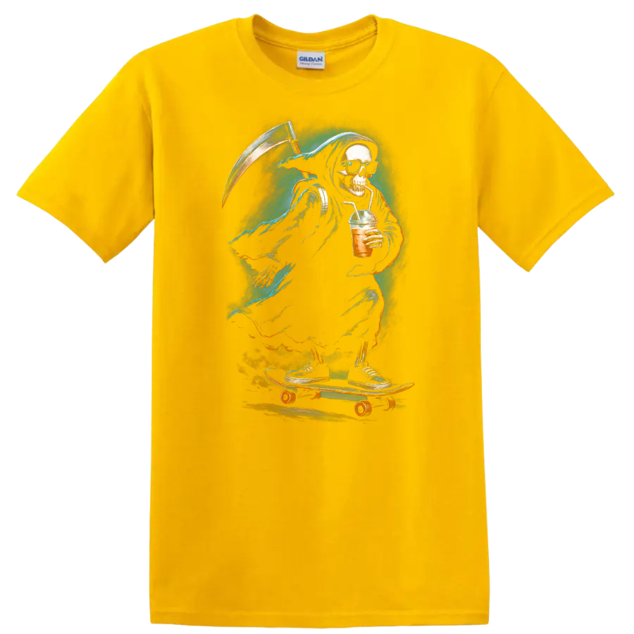 Vintage gothic Grim Reaper skeleton in sunglasses skating with a scythe and iced drink on a Daisy (Yellow) T Shirt
