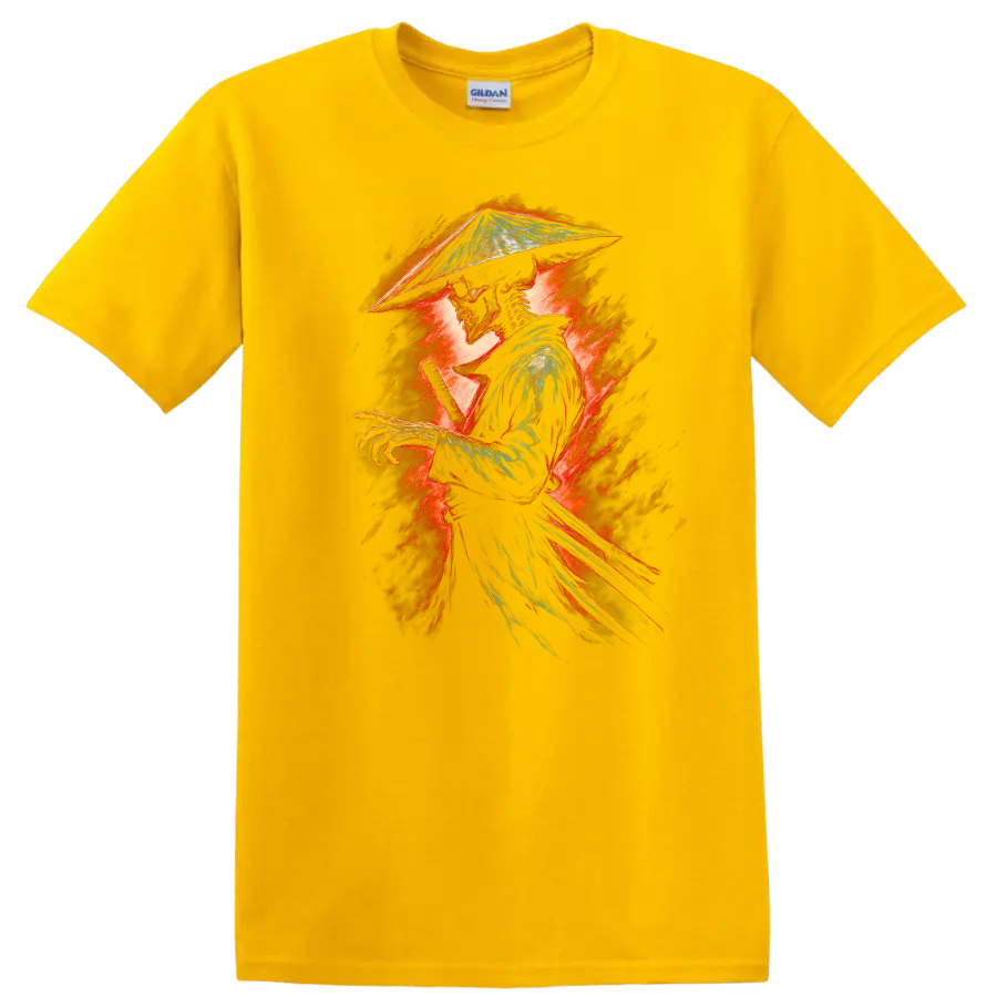 Fiery vintage-style skeleton samurai swordsman graphic in a conical hat on a Daisy (Yellow) T Shirt
