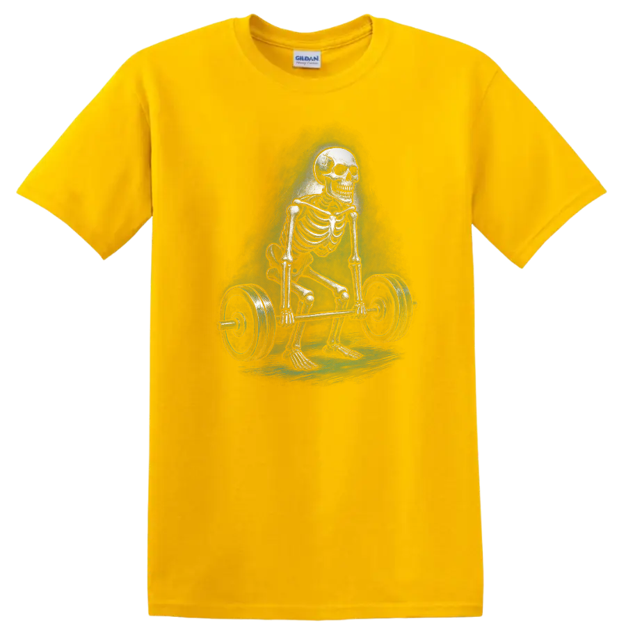 Vintage gothic skeleton performing a barbell deadlift graphic on a Daisy (Yellow) T Shirt