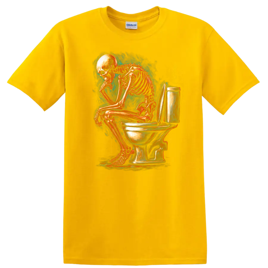 Vintage gothic skeleton sitting on a toilet in detailed dark humor artwork on a Daisy (Yellow) T Shirt
