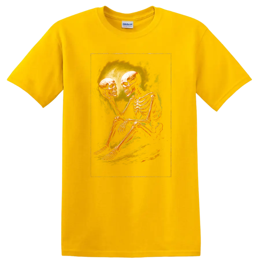Vintage gothic skeleton holding a skull in a moody dark art illustration on a Daisy (Yellow) T Shirt