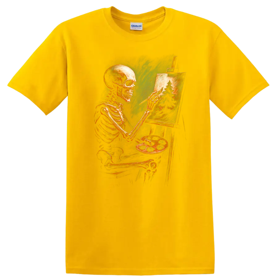 Vintage gothic skeleton artist painting an evergreen forest on an easel on a Daisy (Yellow) T Shirt