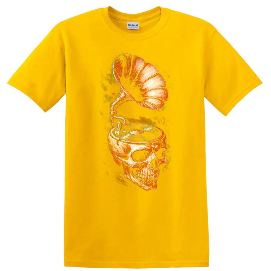 Vintage skull gramophone and turntable graphic with vinyl record on a Daisy (Yellow) T Shirt