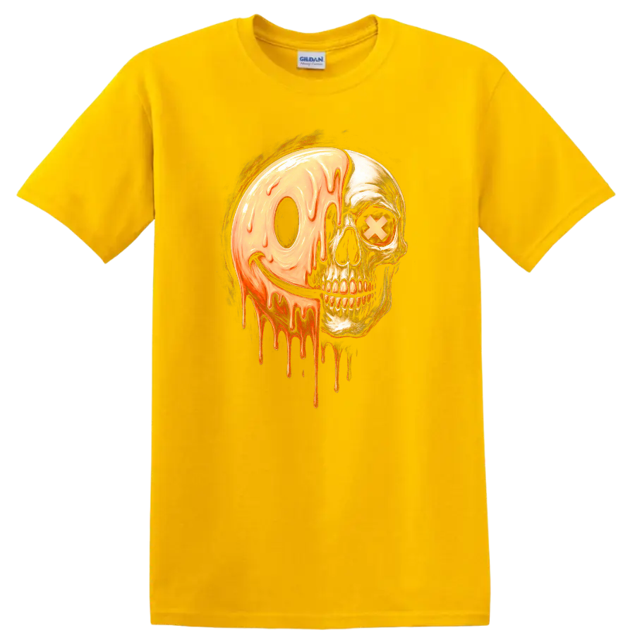 Vintage gothic skull with a melting orange smiley face and X eye graphic on a Daisy (Yellow) T Shirt