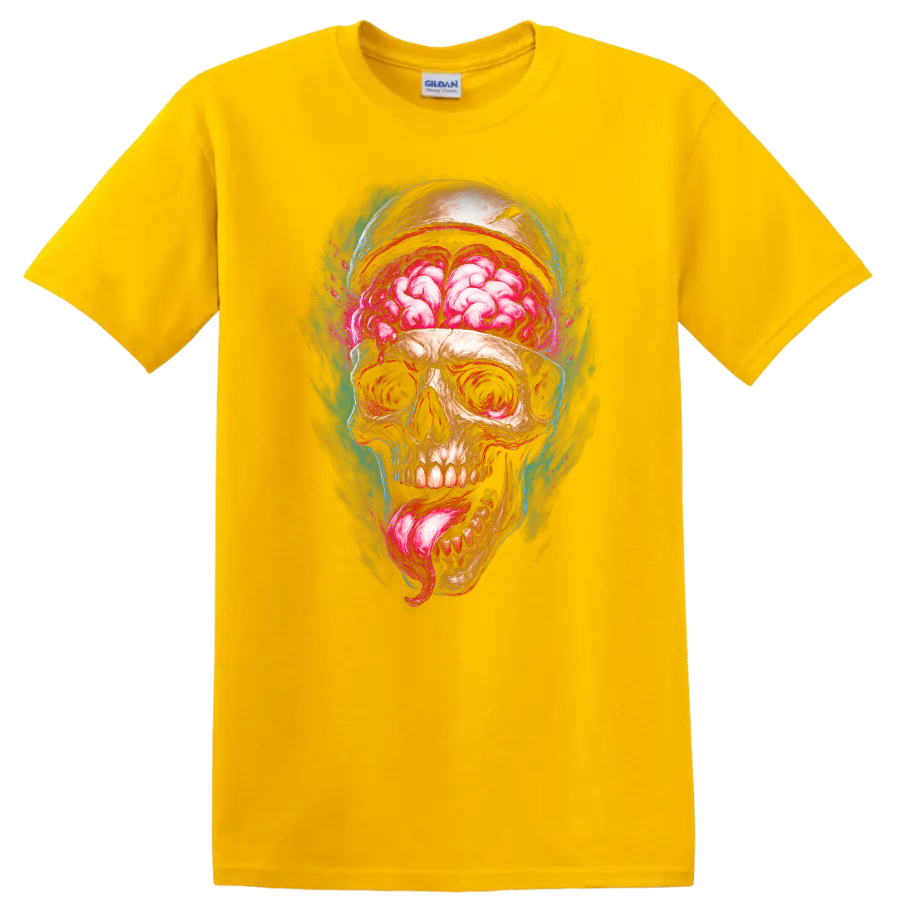 Exposed brain skull with pink tongue in vivid gothic horror illustration on a Daisy (Yellow) T Shirt
