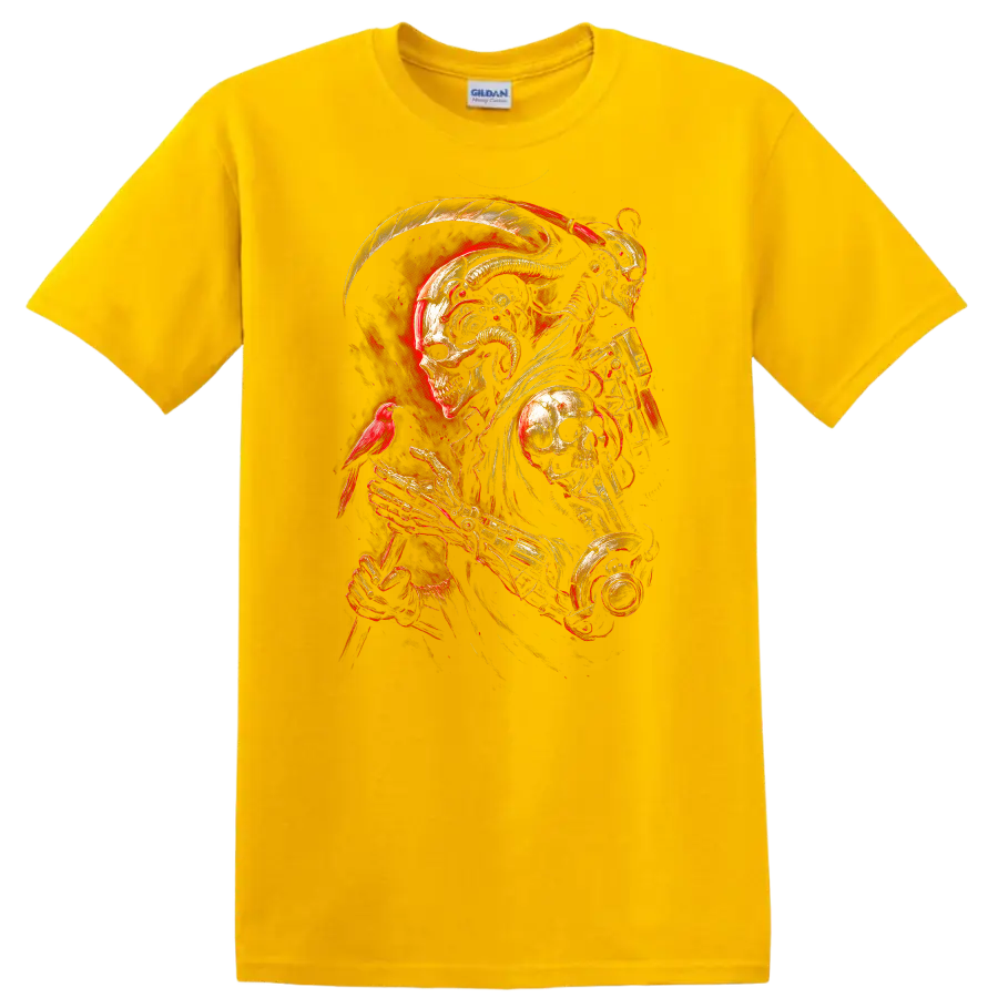 Mechanical skeleton reaper with skull armor, red bird, and fiery gothic art on a Daisy (Yellow) T Shirt