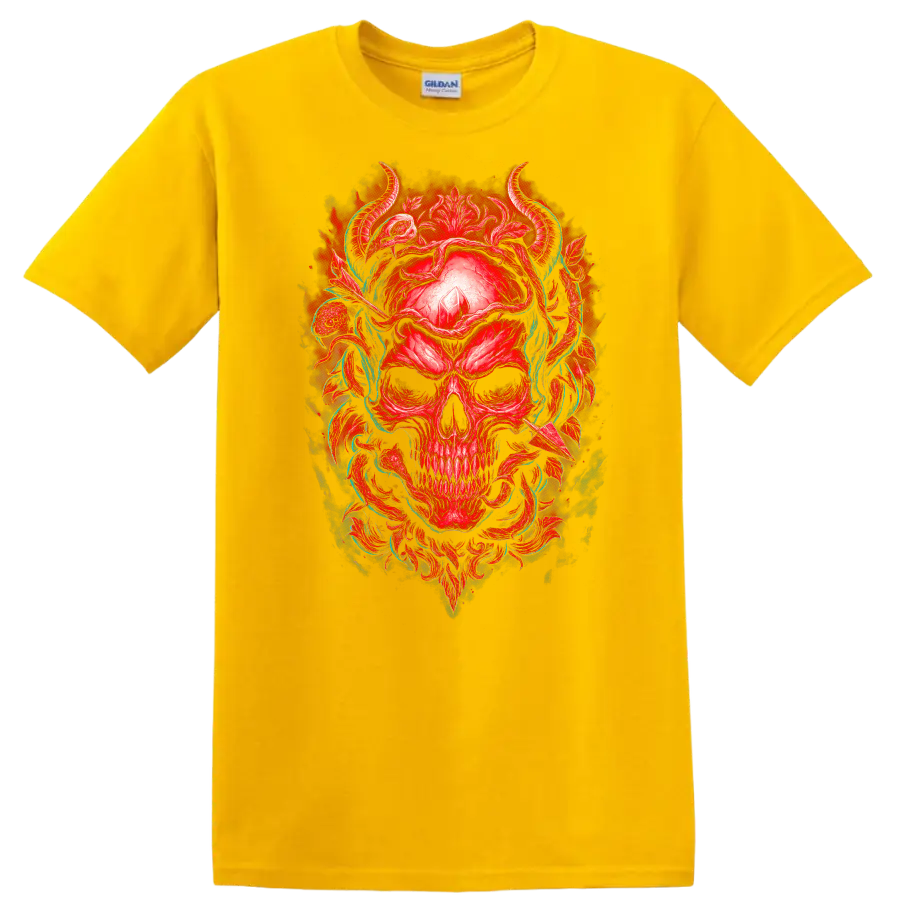 Red horned skull with crystal, gothic floral ornament, and teal vines on a Daisy (Yellow) T Shirt