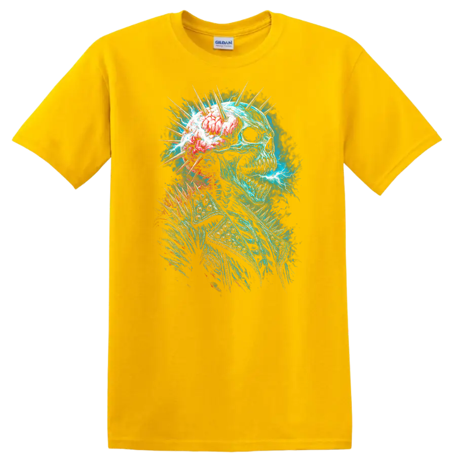 Electric blue skull with exposed brain, spikes, and gothic horror energy art on a Daisy (Yellow) T Shirt