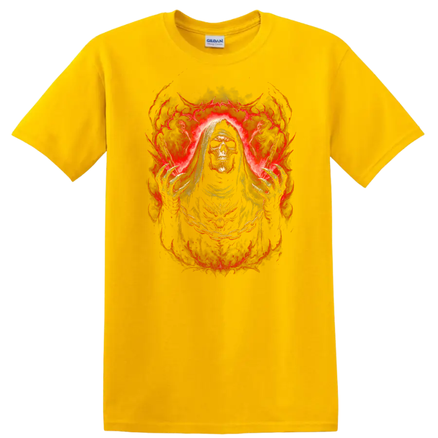Hooded skull Grim Reaper in fiery red gothic horror artwork on a Daisy (Yellow) T Shirt