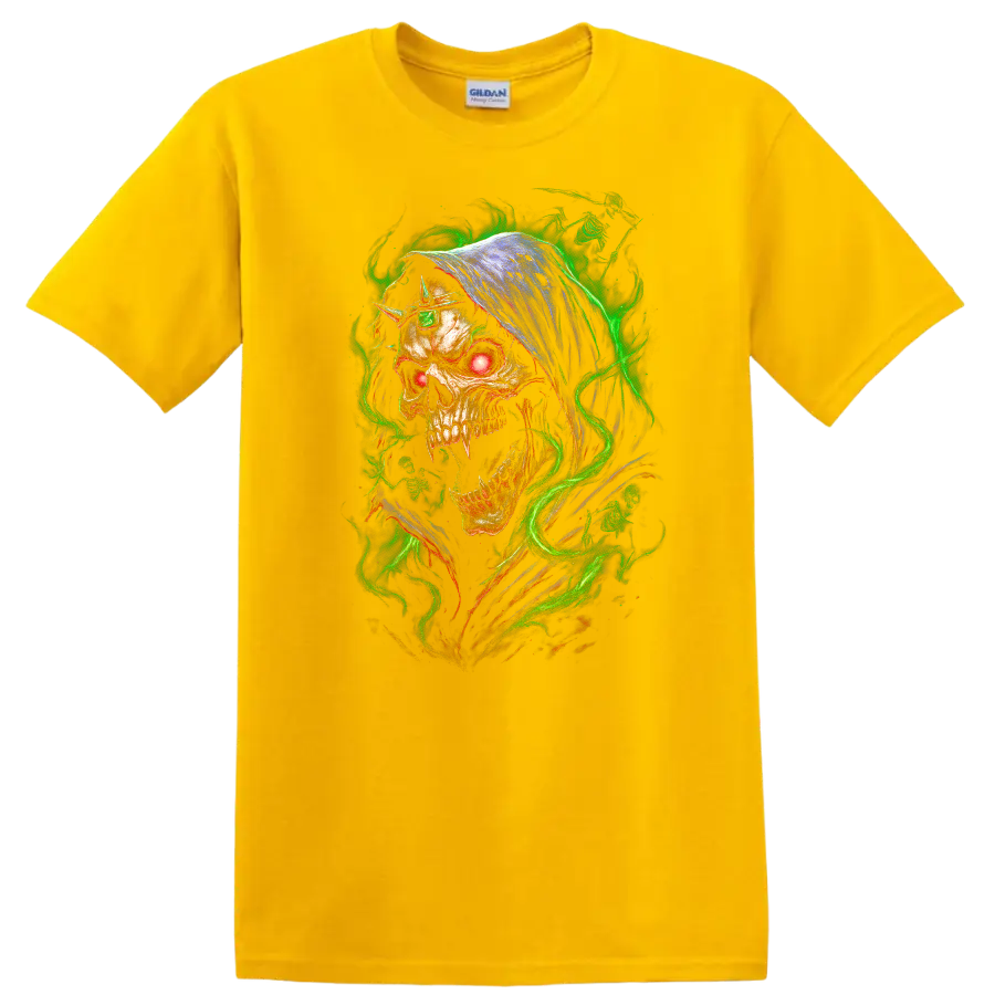 Hooded skull with glowing red eye and neon green flames in gothic horror art on a Daisy (Yellow) T Shirt