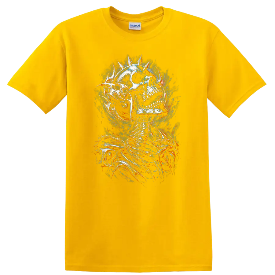 Spiked skeleton skull in distressed gothic horror art with smoky fiery accents on a Daisy (Yellow) T Shirt