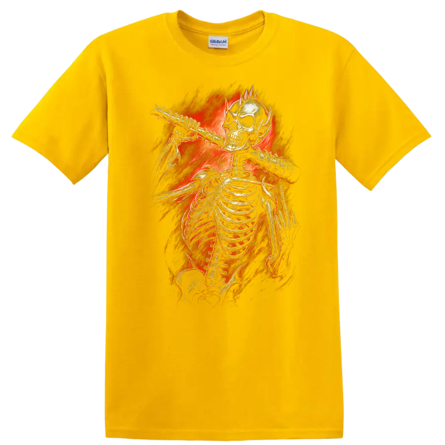 Vintage gothic skeleton playing flute amid fiery red flames on a Daisy (Yellow) T Shirt