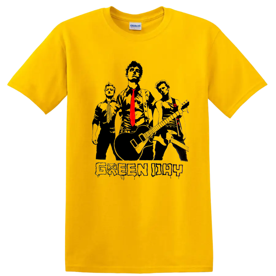 Green Day rock band graphic print T shirt with three stylized figures and red - Daisy (Yellow)