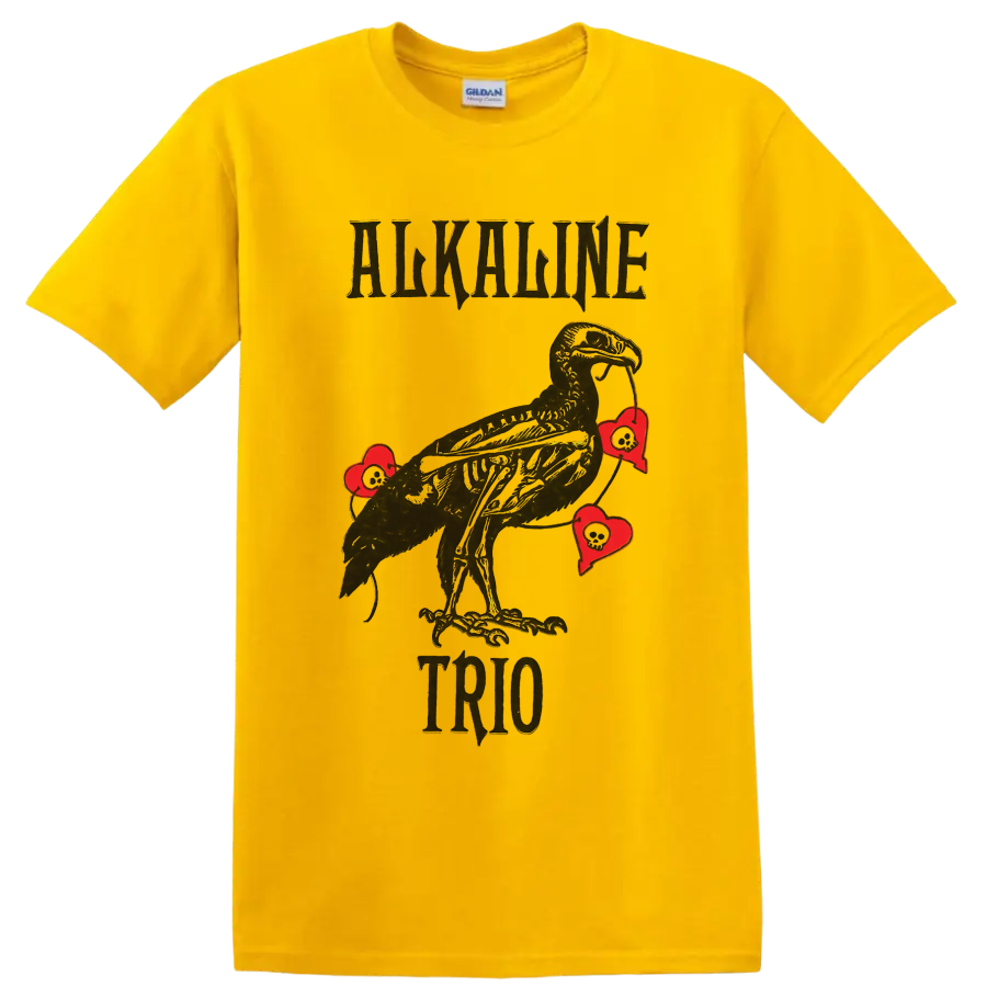 Alkaline Trio punk rock raven with red hearts graphic print on a Daisy (Yellow) T Shirt