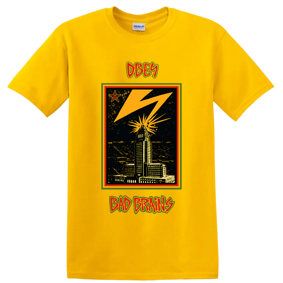 Bad Brains OBEY lightning city skyline punk rock graphic on a Daisy (Yellow) T Shirt