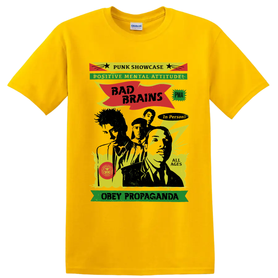Bad Brains punk rock graphic with Positive Mental Attitude lettering on a Daisy (Yellow) T Shirt