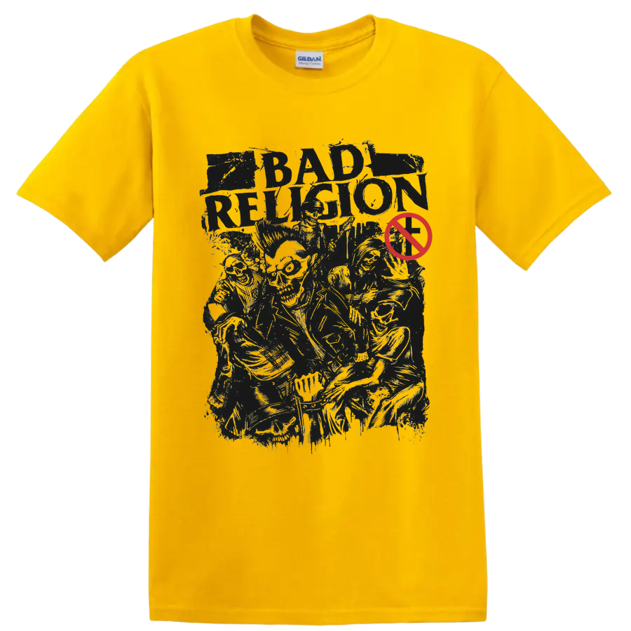 Bad Religion distressed punk rock graphic with red prohibition symbol on a Daisy (Yellow) T Shirt