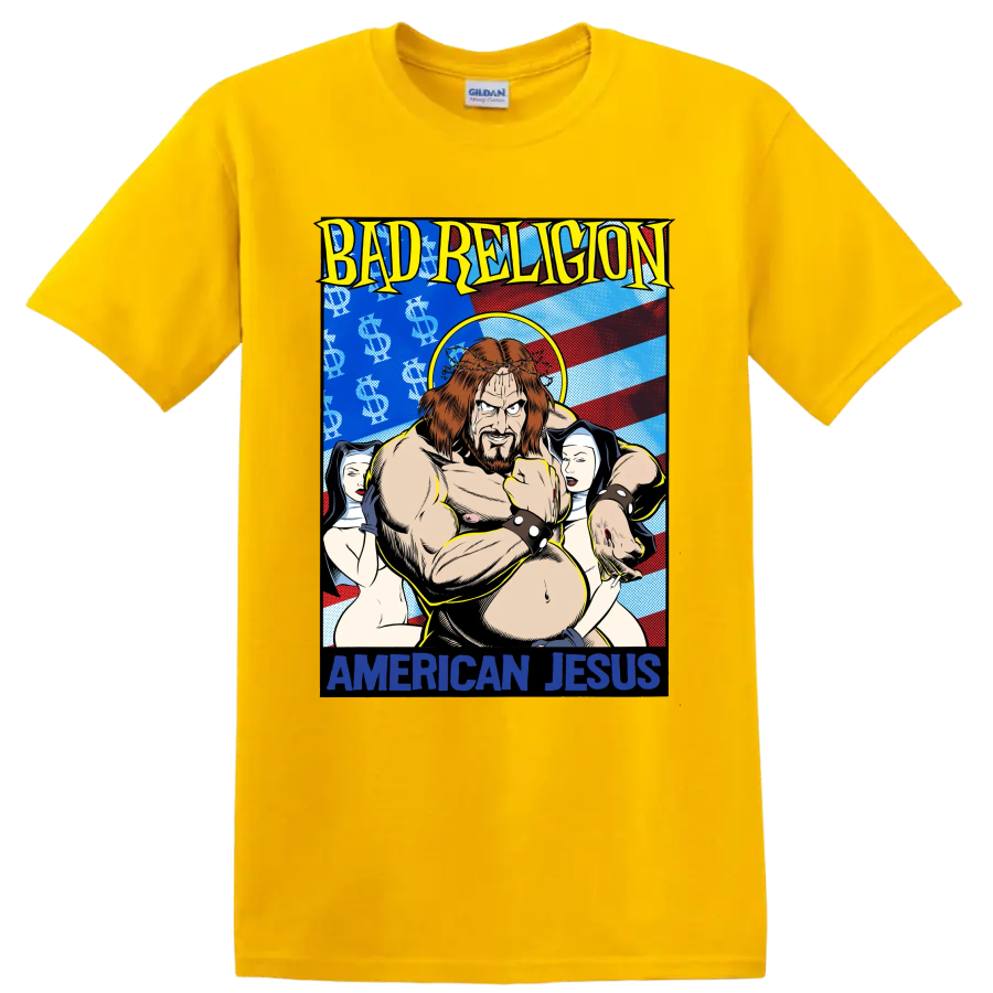Bad Religion American Jesus comic-style punk rock graphic print on a Daisy (Yellow) T Shirt
