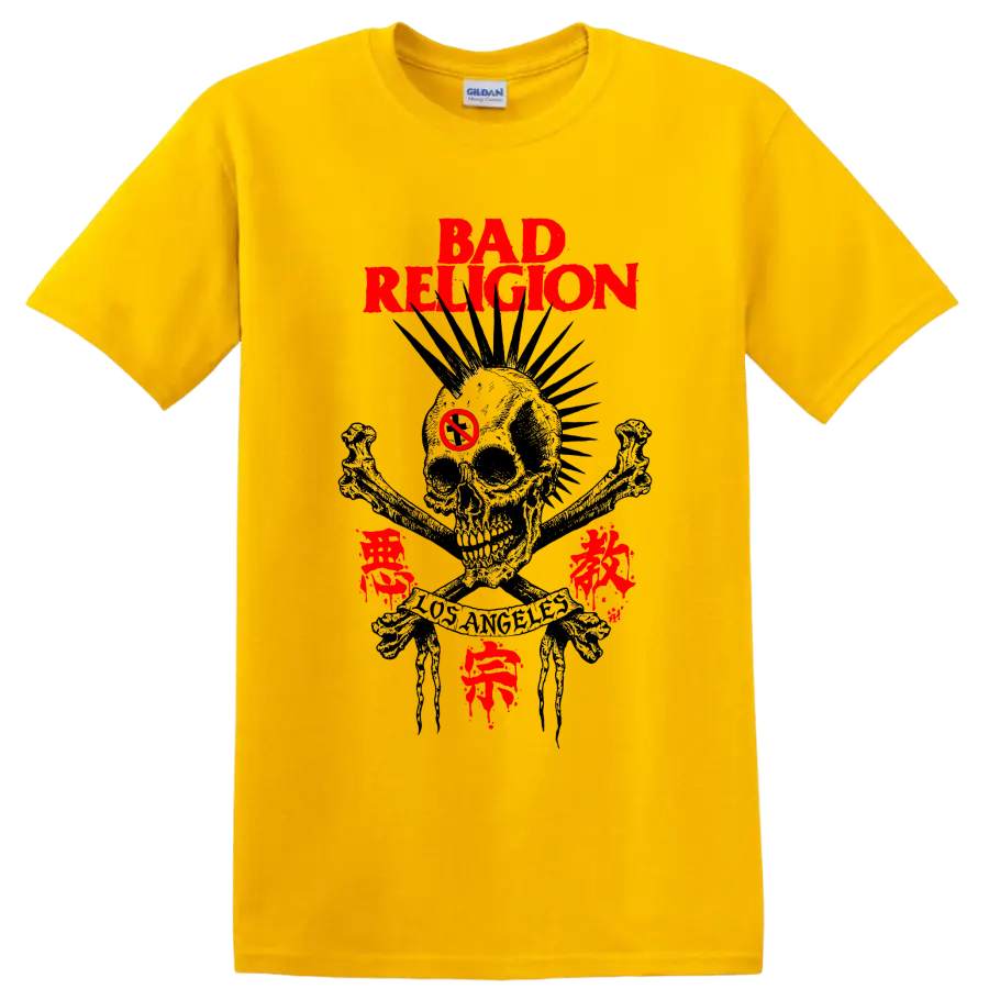 Bad Religion distressed punk rock skull graphic with red lettering on a Daisy (Yellow) T Shirt