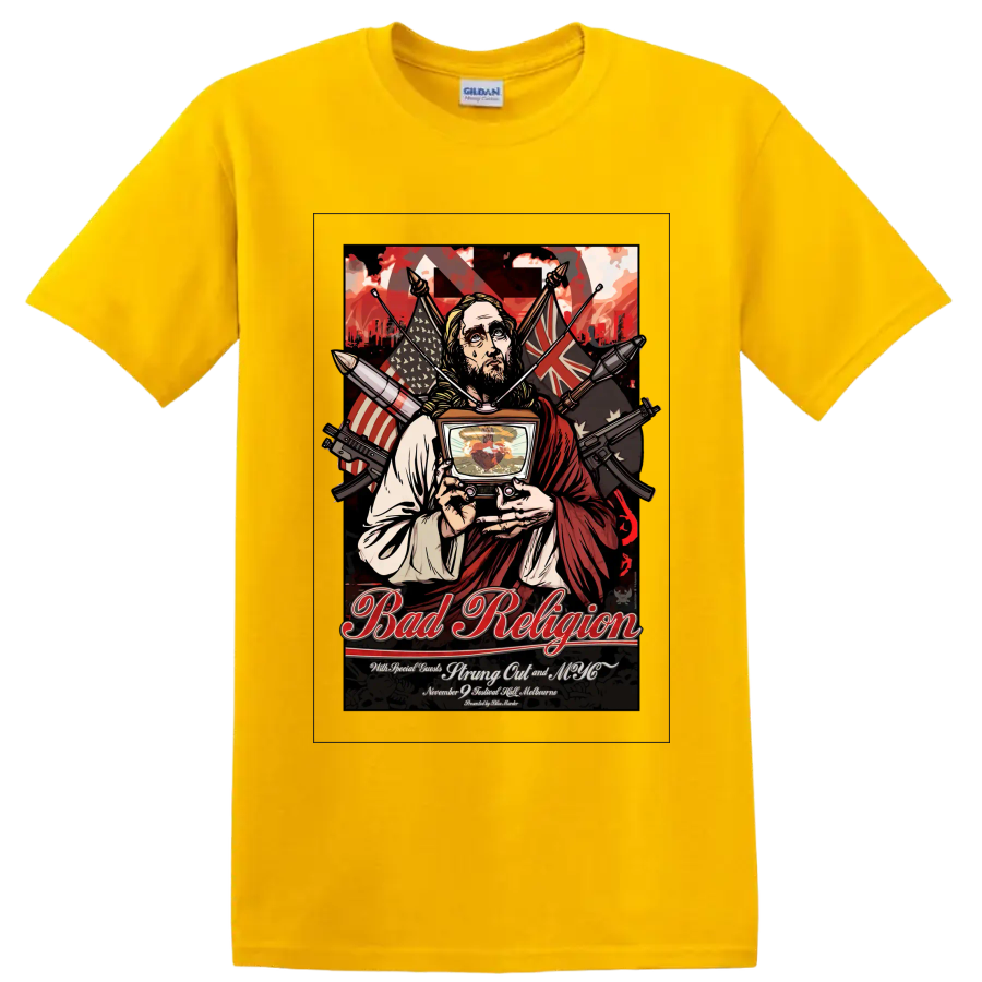 Bad Religion punk rock concert poster graphic with robed figure and television on a Daisy (Yellow) T Shirt