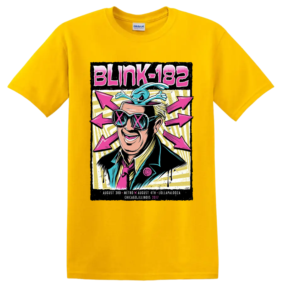 Blink-182 punk rock festival graphic with sunglasses, blue creature, and pink arrows on a Daisy (Yellow) T Shirt