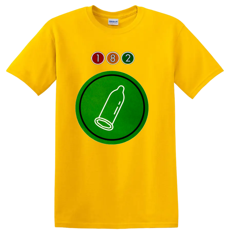 Blink-182 182 logo with colorful circles and green graphic emblem on a Daisy (Yellow) T Shirt
