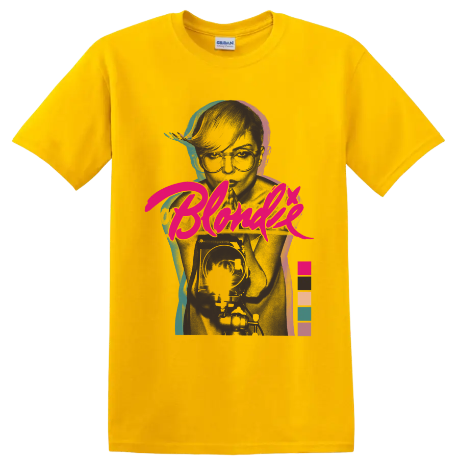 Blondie punk rock band portrait with bold pink script and colorful accents on a Daisy (Yellow) T Shirt