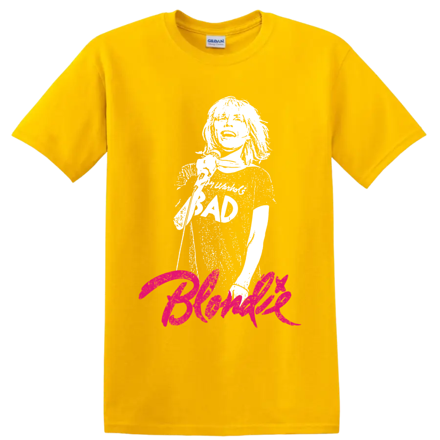 Debbie Harry portrait with hot pink Blondie punk rock lettering on a Daisy (Yellow) T Shirt