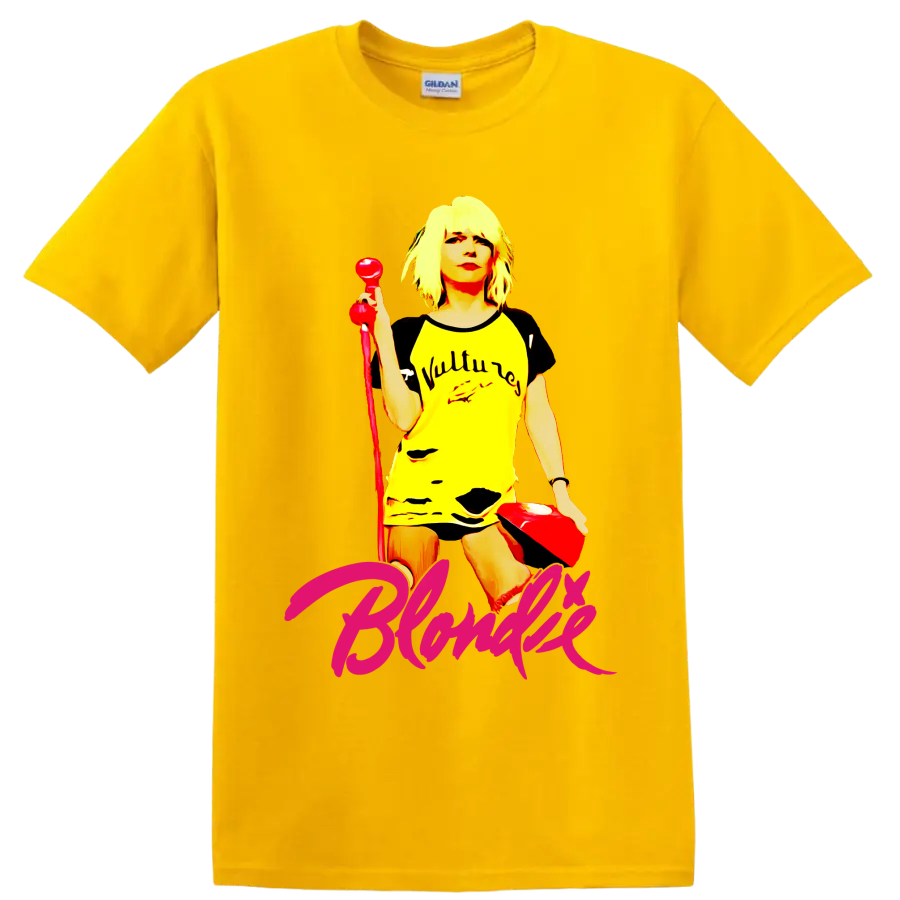 Blondie punk rock vocalist graphic with red microphone and pink script lettering on a Daisy (Yellow) T Shirt