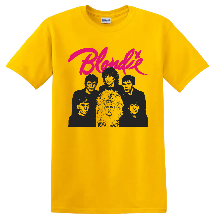 Blondie punk rock graphic with hot pink script and monochrome band portrait on a Daisy (Yellow) T Shirt