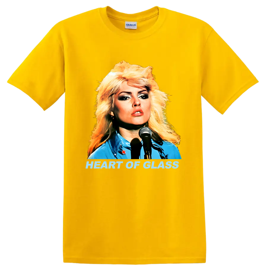 Blondie singer portrait with Heart of Glass text, retro punk rock graphic on a Daisy (Yellow) T Shirt