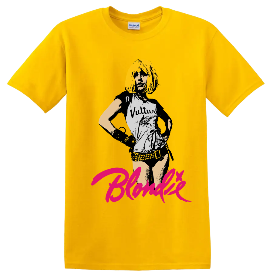 Blondie punk rock portrait graphic with hot pink script lettering on a Daisy (Yellow) T Shirt