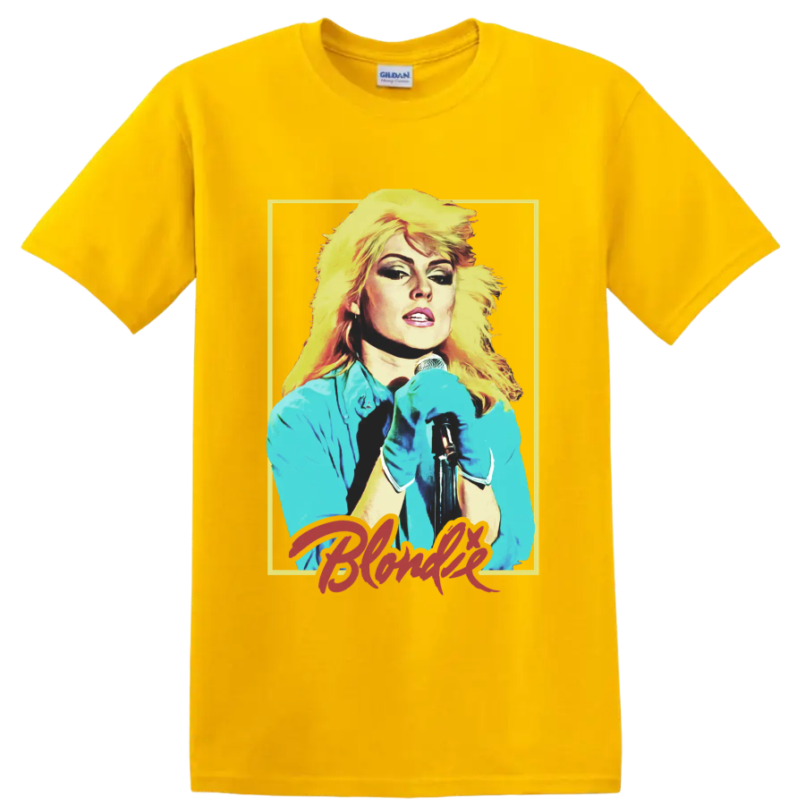 Debbie Harry of Blondie punk rock singer portrait with microphone on a Daisy (Yellow) T Shirt