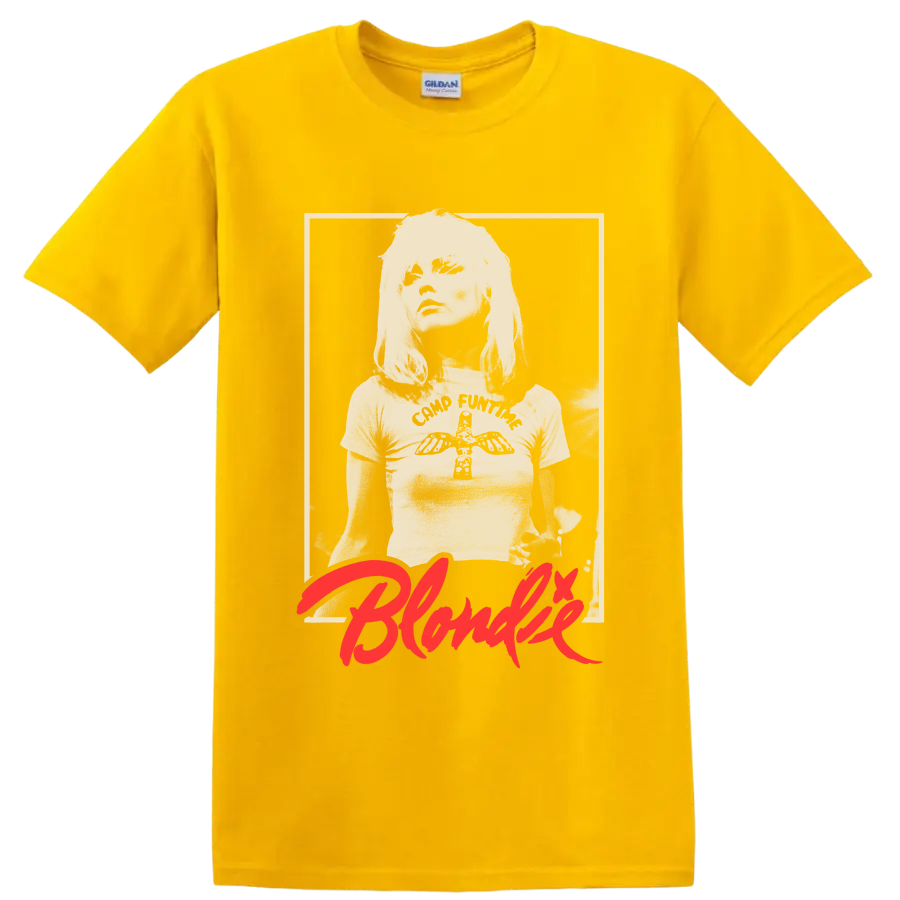 Blondie vintage punk rock portrait with red script graphic print on a Daisy (Yellow) T Shirt