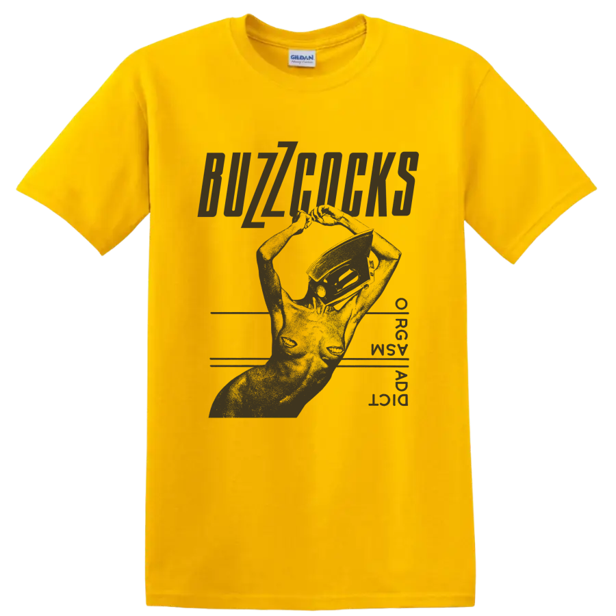 Buzzcocks distressed punk graphic with bold lettering and angular hand artwork on a Daisy (Yellow) T Shirt