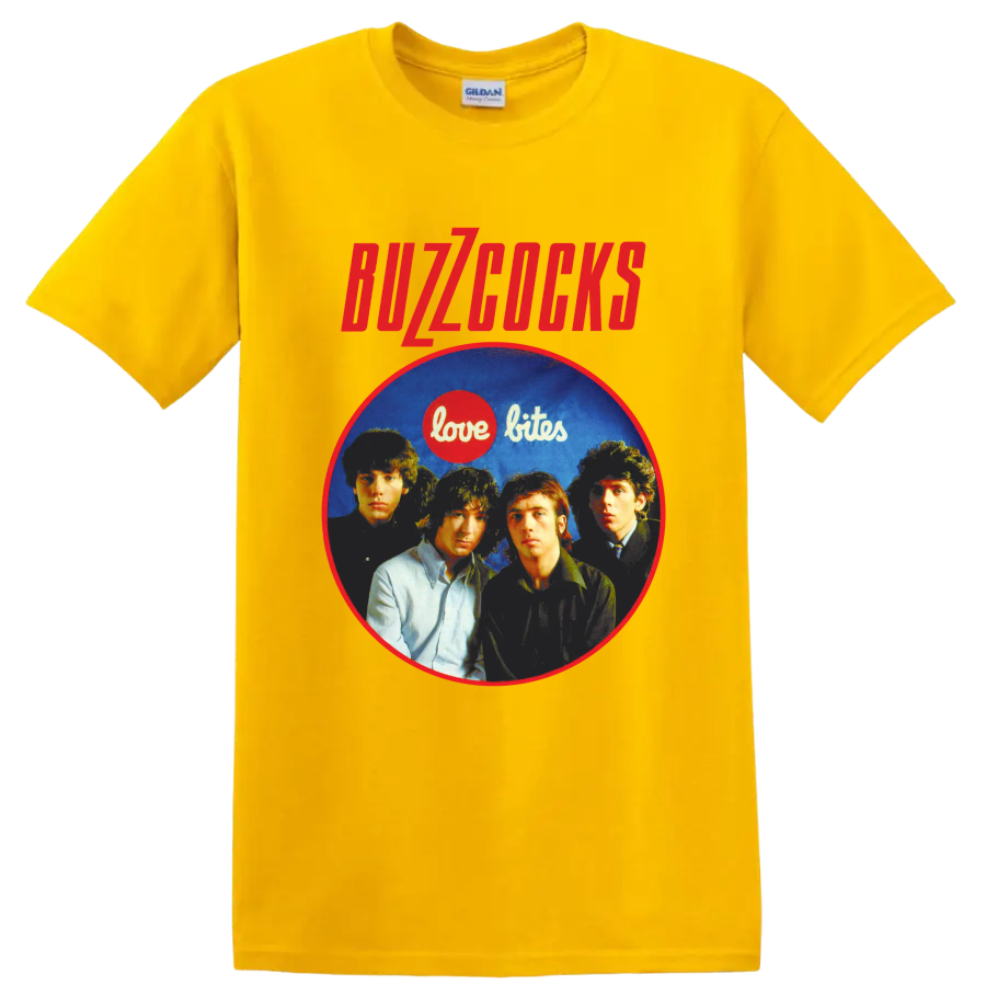 Buzzcocks punk rock band portrait with Love Bites graphic on a Daisy (Yellow) T Shirt