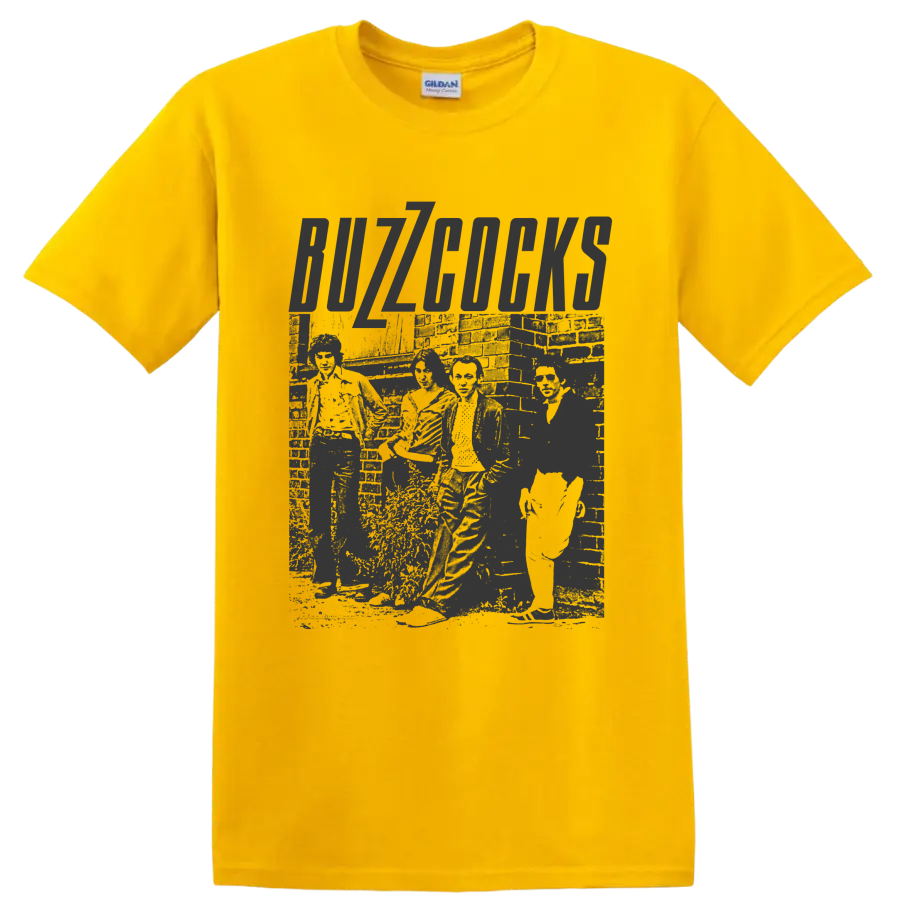 Buzzcocks distressed punk rock lettering with gritty monochrome artwork on a Daisy (Yellow) T Shirt