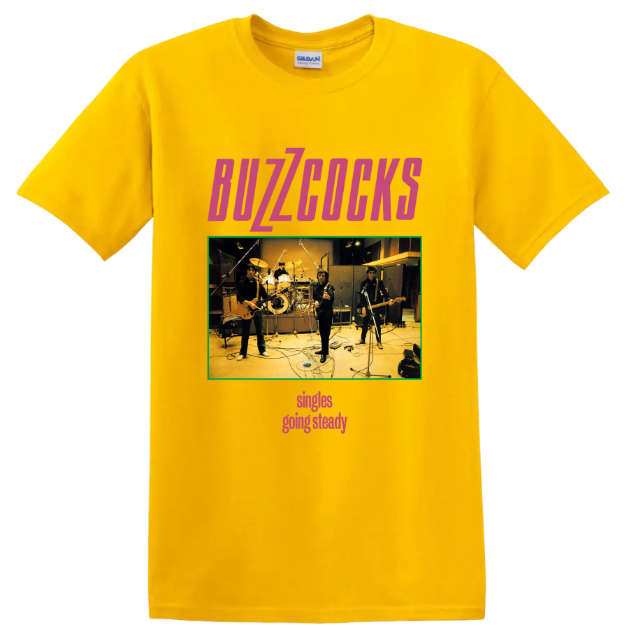 Buzzcocks punk rock band studio photo graphic with pink lettering on a Daisy (Yellow) T Shirt