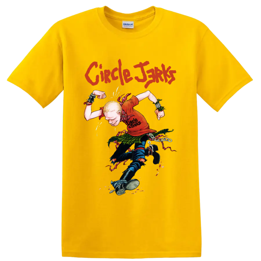 Circle Jerks punk rock graphic with illustrated figure and distressed lettering on a Daisy (Yellow) T Shirt
