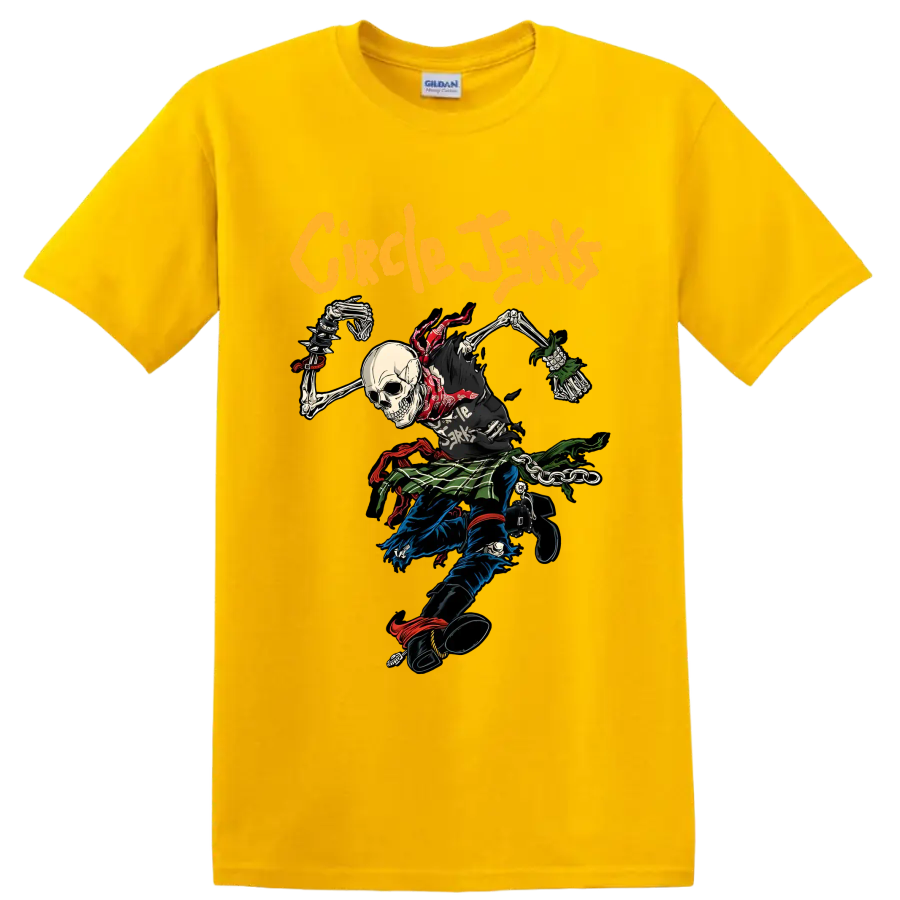 Circle Jerks punk rock skeleton graphic with bold yellow lettering on a Daisy (Yellow) T Shirt