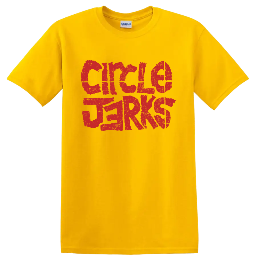 Distressed red Circle Jerks punk rock band lettering graphic on a Daisy (Yellow) T Shirt