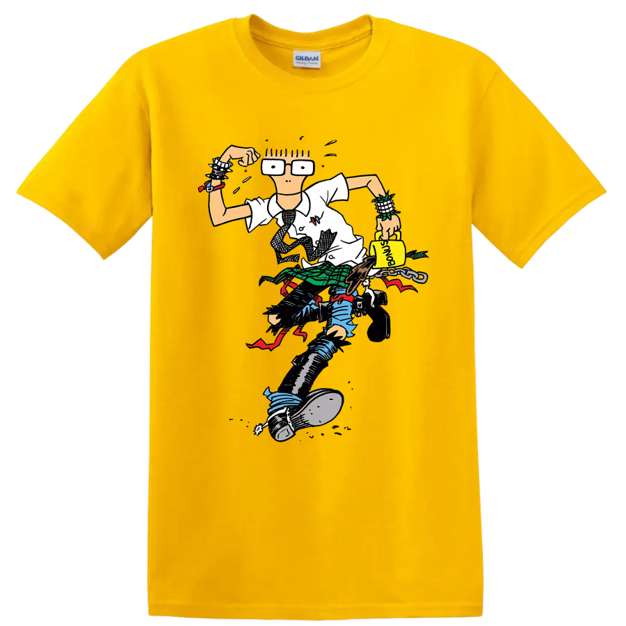 Descendents punk rock character illustration with oversized glasses and plaid details on a Daisy (Yellow) T Shirt