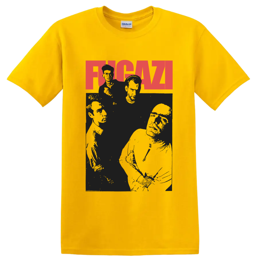 Fugazi punk rock graphic with red FUGAZI lettering and dark band portraits on a Daisy (Yellow) T Shirt