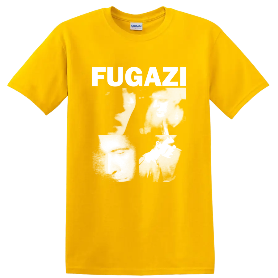 Fugazi distressed punk rock lettering graphic print on a Daisy (Yellow) T Shirt
