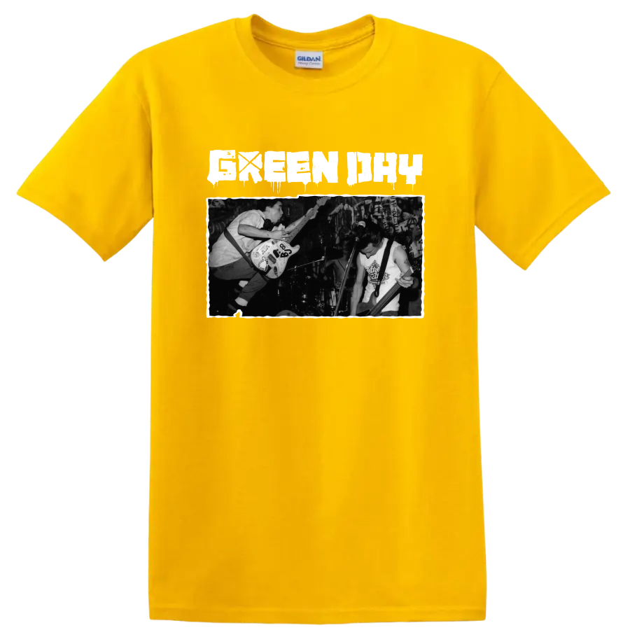 Green Day punk rock live performance graphic with guitarists on stage on a Daisy (Yellow) T Shirt