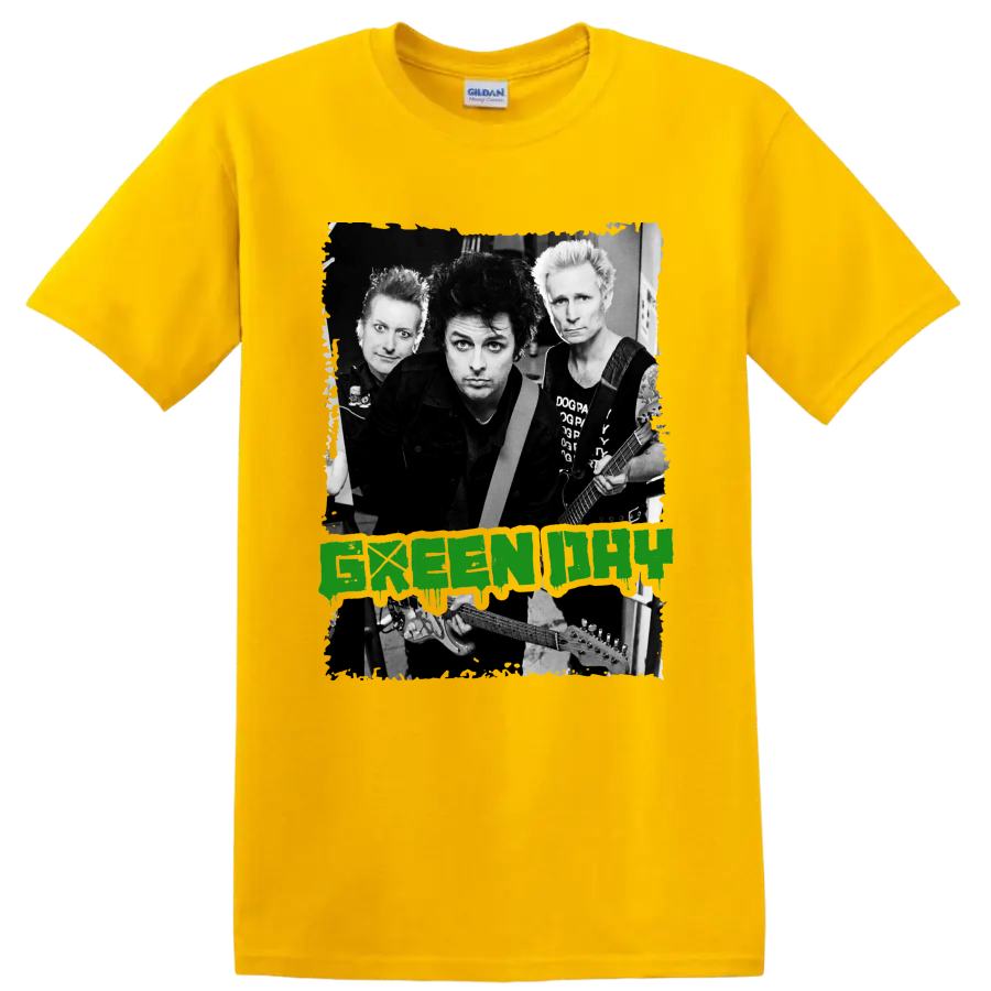 Green Day punk rock band portrait with guitars and distressed green lettering on a Daisy (Yellow) T Shirt