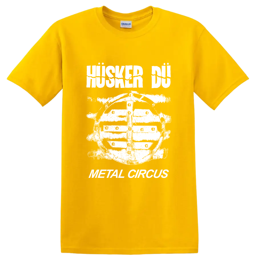 Husker Du punk rock graphic with bold band lettering and illustrated figure on a Daisy (Yellow) T Shirt
