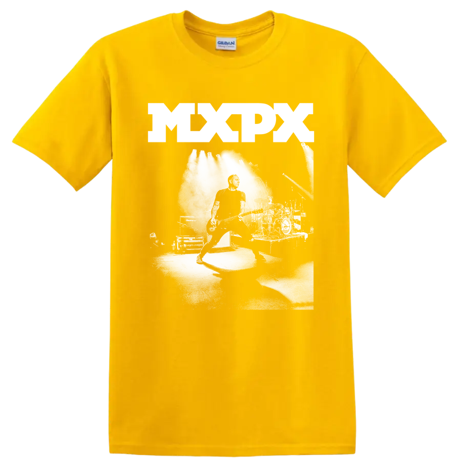 MxPx punk rock graphic print with bold lettering and monochrome illustration on a Daisy (Yellow) T Shirt